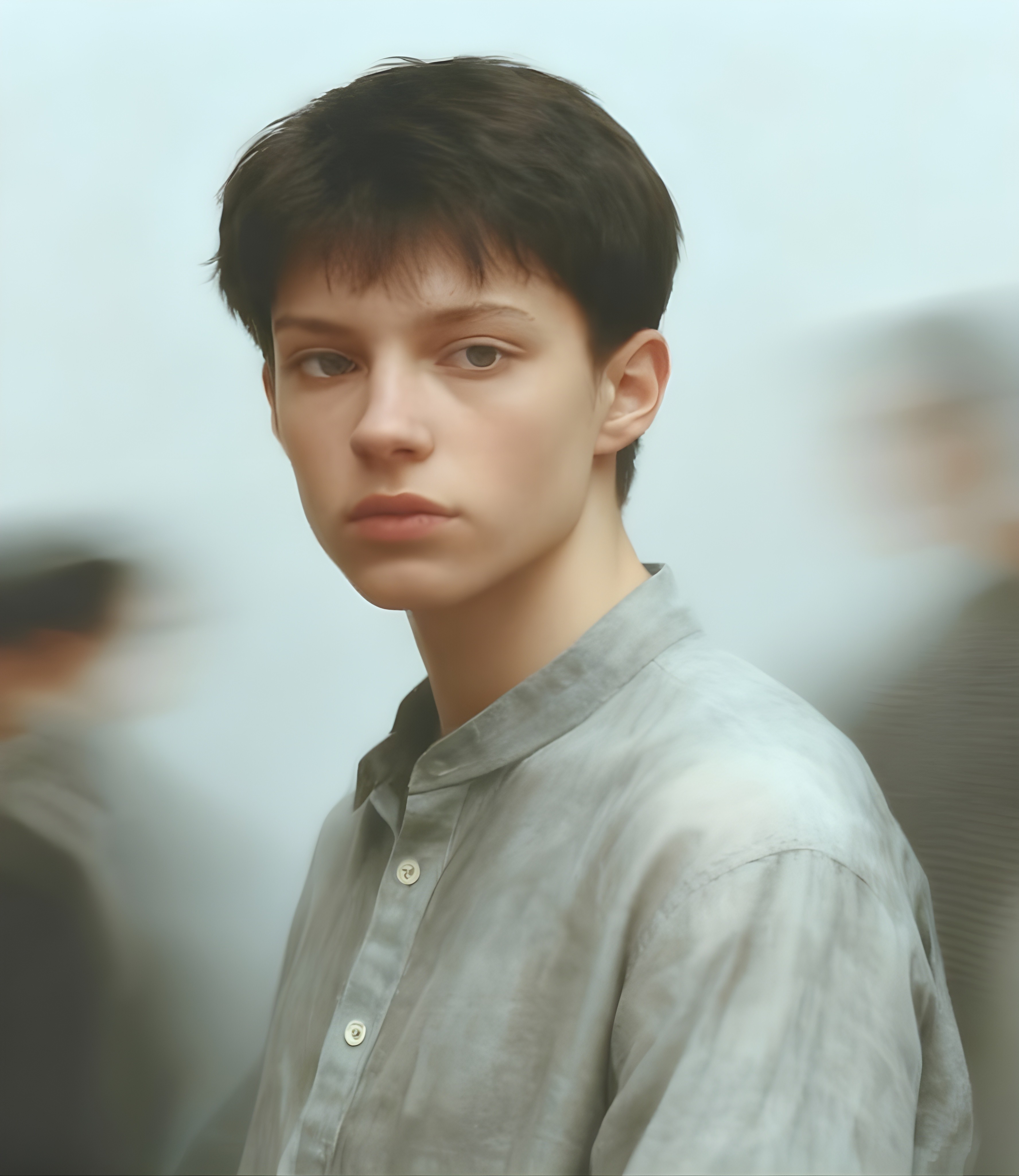 A young person in a gray shirt stands in focus against a blurred background with moving figures, creating a striking visual contrast.