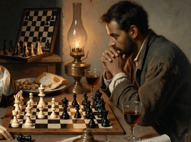 A classical oil painting of a bearded man in historical dress leaning forward with his hands clasped, staring intently at a chess board in candlelight, with a wine glass resting on the table nearby.