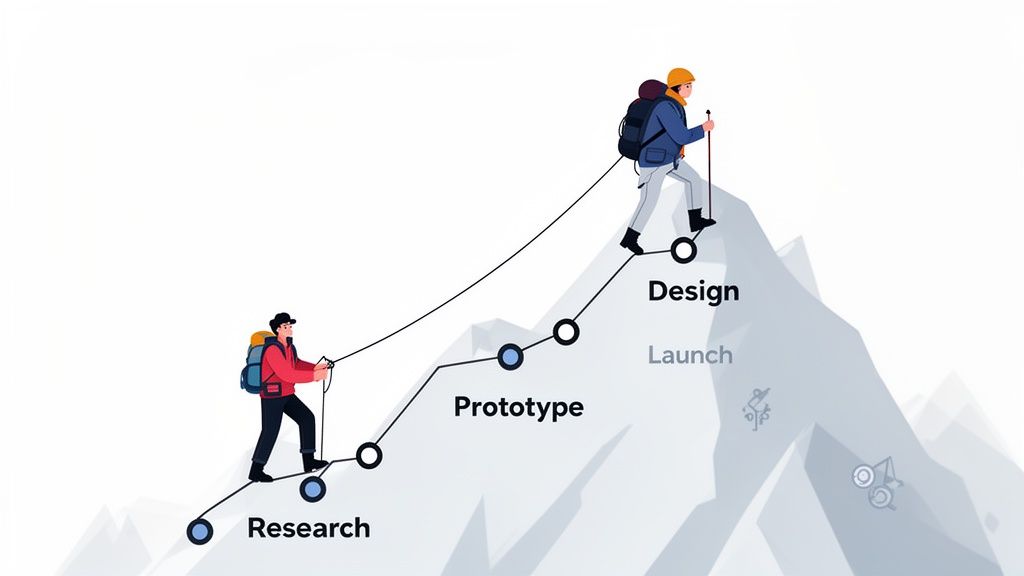 Illustration showing a product development journey as two hikers ascend a mountain through various stages.