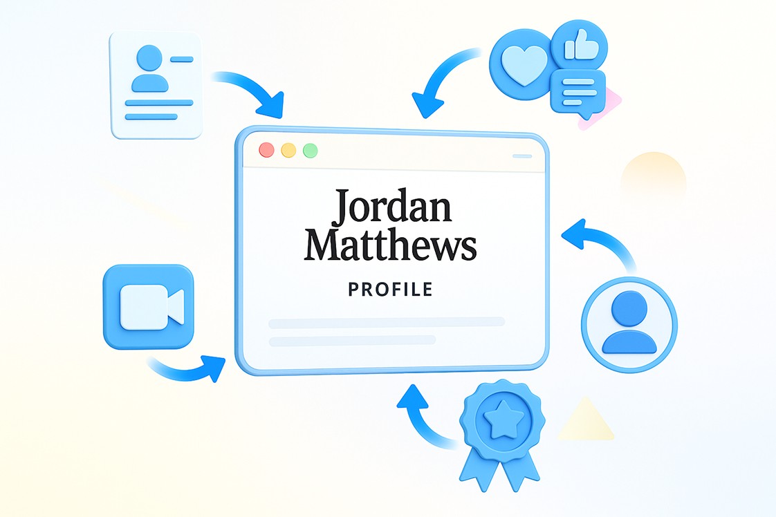 Illustration of a creative profile interface showing connected icons for video, links, and social media — representing ResumaLive’s all-in-one online resume and portfolio.