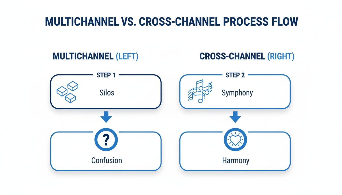 A diagram comparing multichannel and cross-channel process flows, showing silos leading to confusion versus symphony leading to harmony.