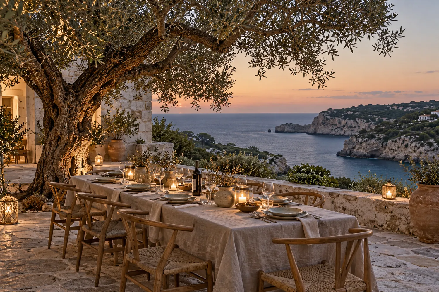 A long table under an olive tree at dusk