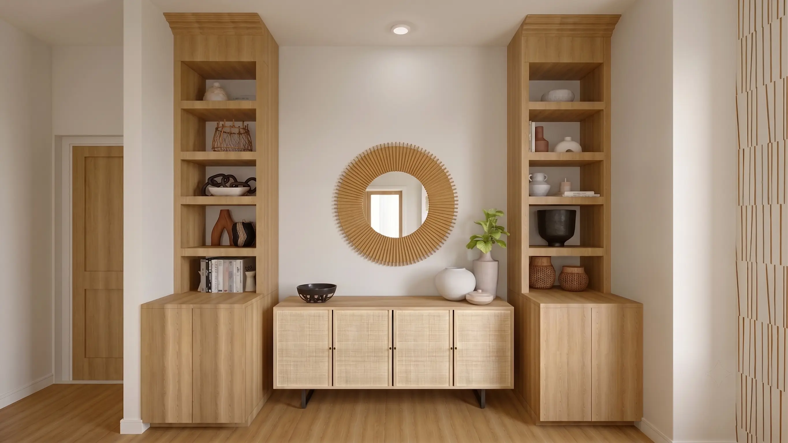 Japandi-style entryway with built-in wood shelving, woven-front sideboard, round mirror, and minimalist ceramic accents