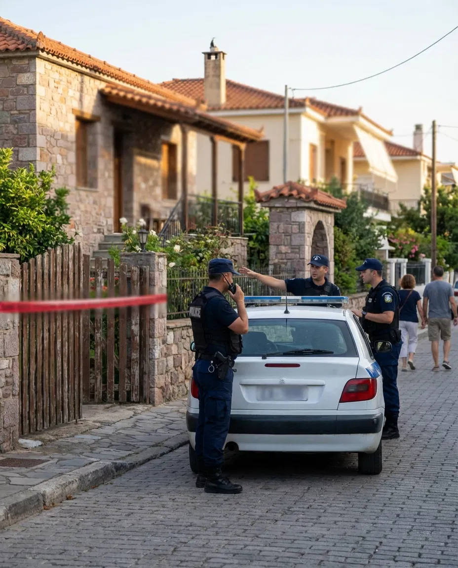 Greek police officers and a patrol car on a residential street in Mytilene.