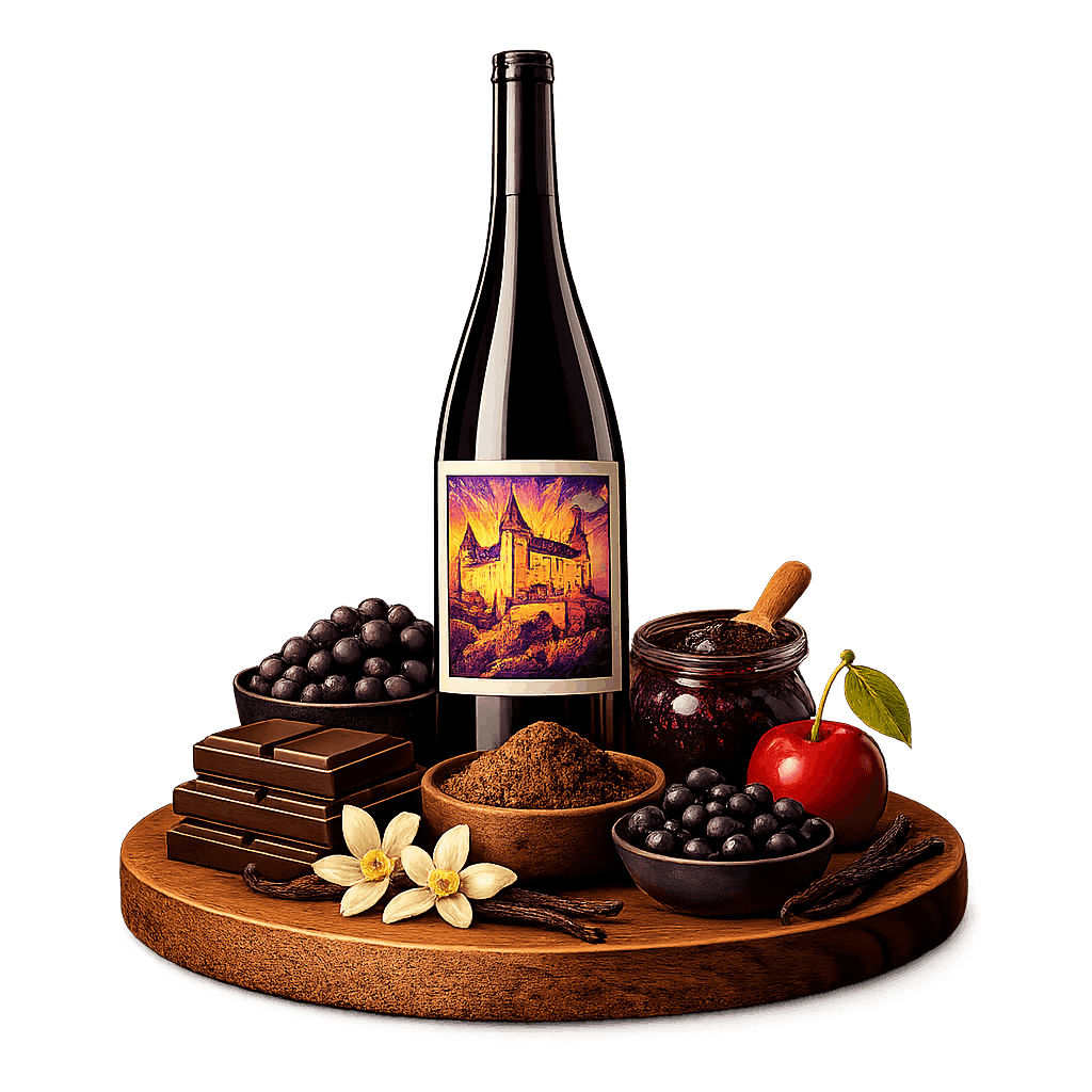 Artistic label and flavor profile for Slovak Dunaj on a rustic wooden table.