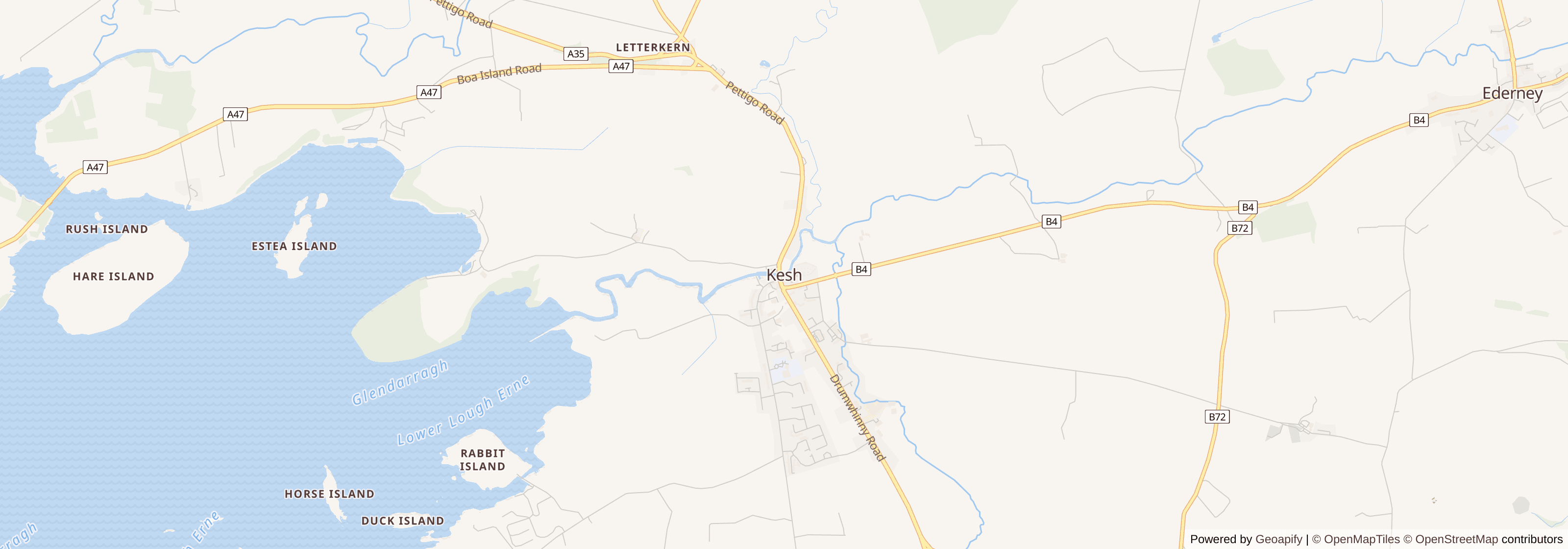 Street map of Kesh, County Fermanagh showing main roads and nearby areas