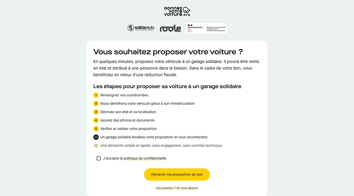 Première page du formulaire du don de Donnez votre voiture