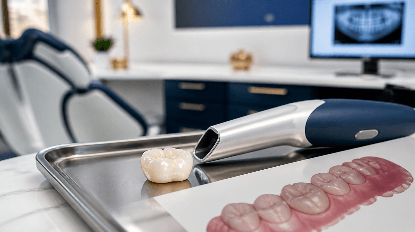 Tooth-colored zirconia dental crown next to a digital scanner wand at a Smyrna dental practice