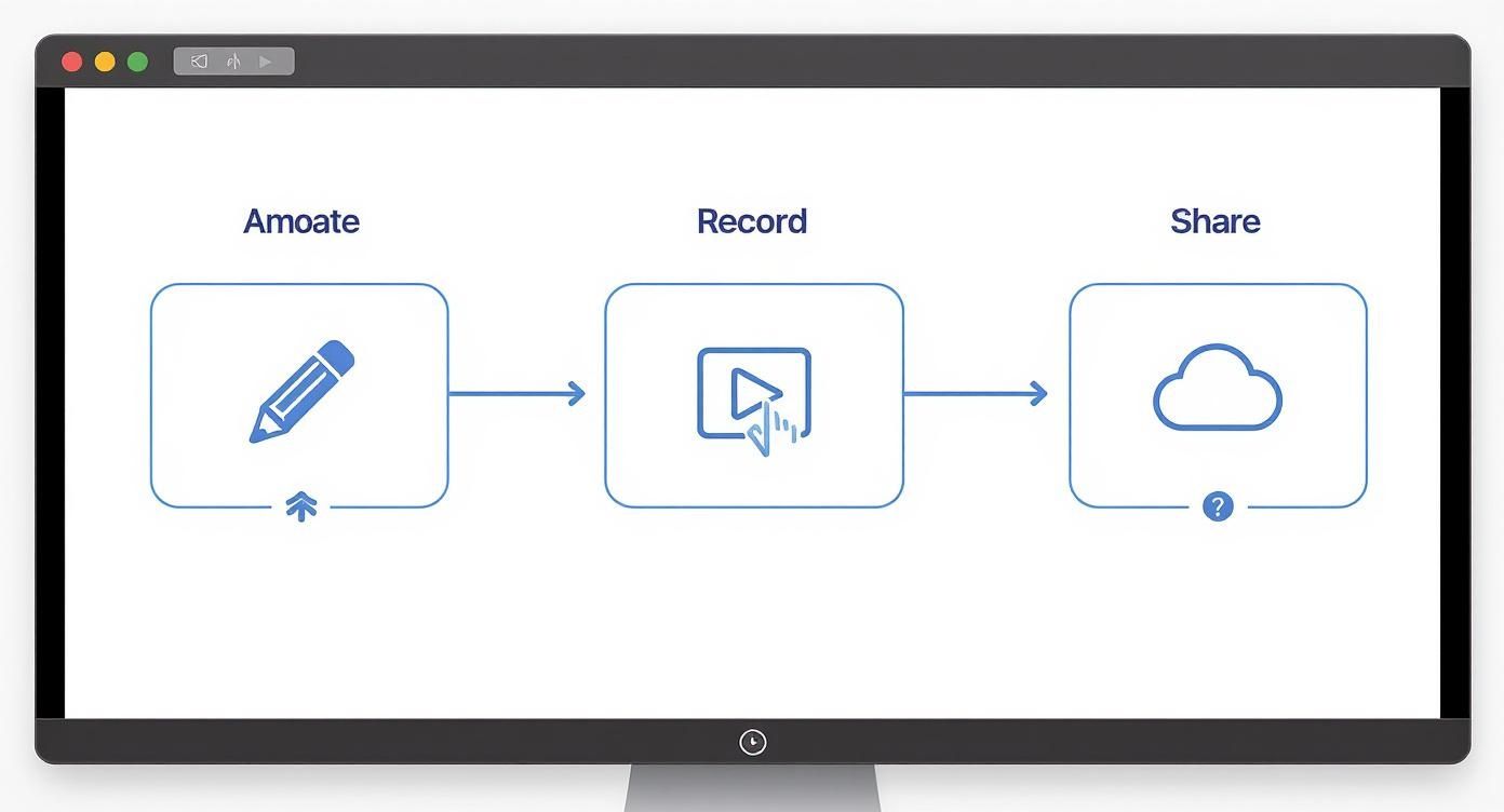 Three-step workflow diagram showing annotate, record, and share features for screen capture software
