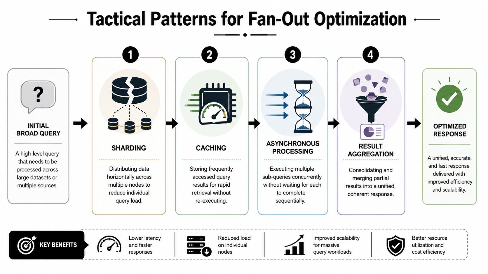 A diagram illustrating four tactical patterns for optimizing fan-out query performance in distributed data systems.