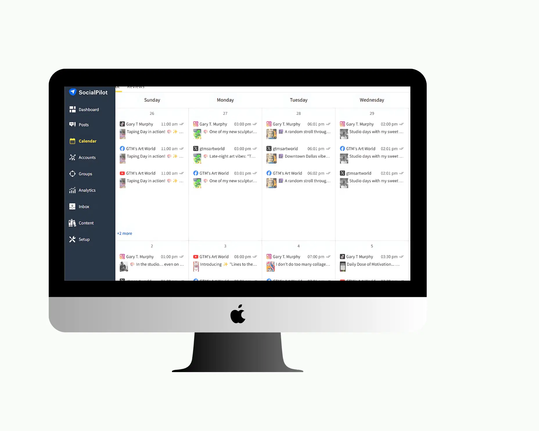 SocialPilot social media content calendar dashboard on a computer screen.