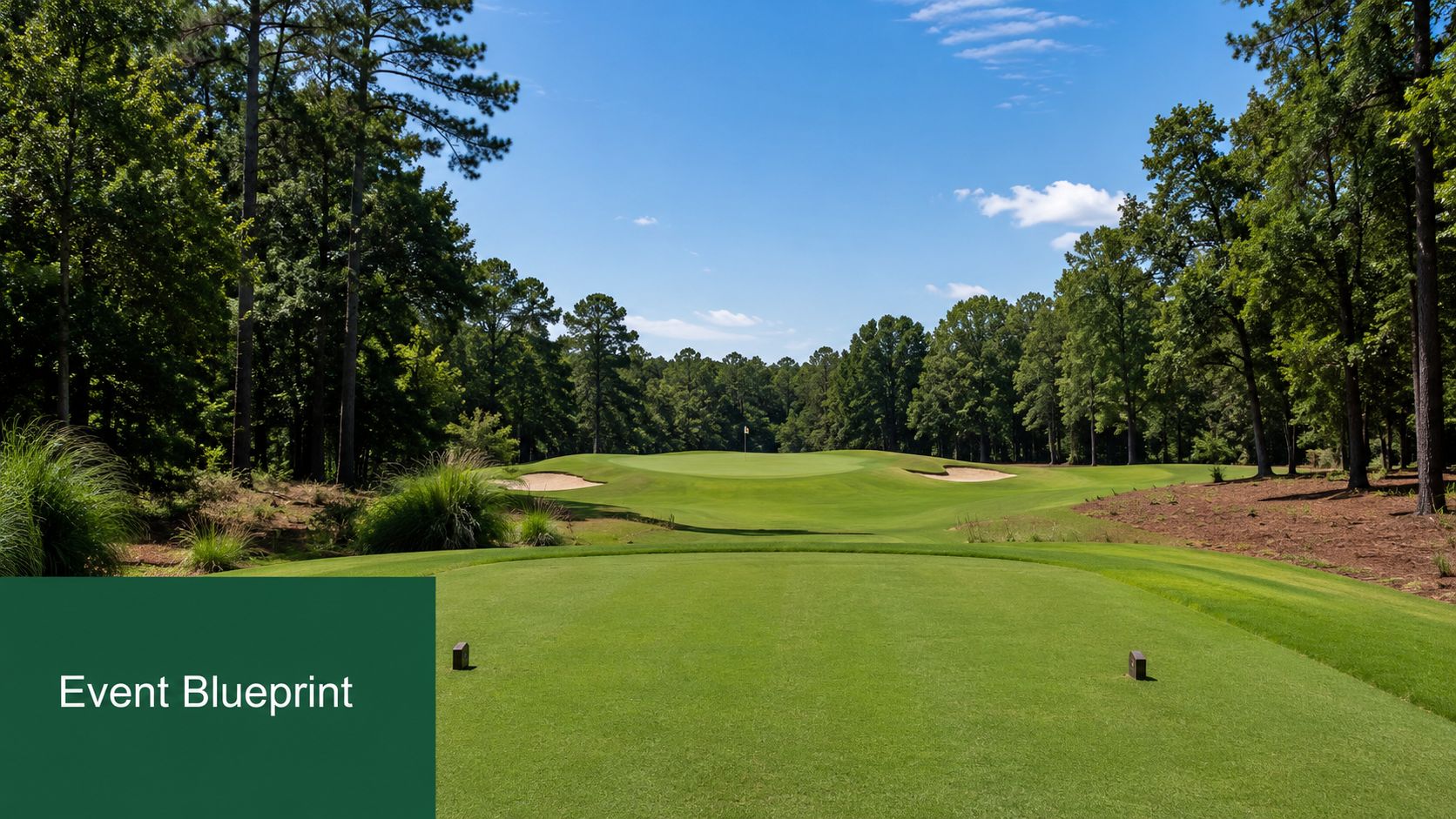 A scenic view of a professional golf course green surrounded by dense lush green trees.