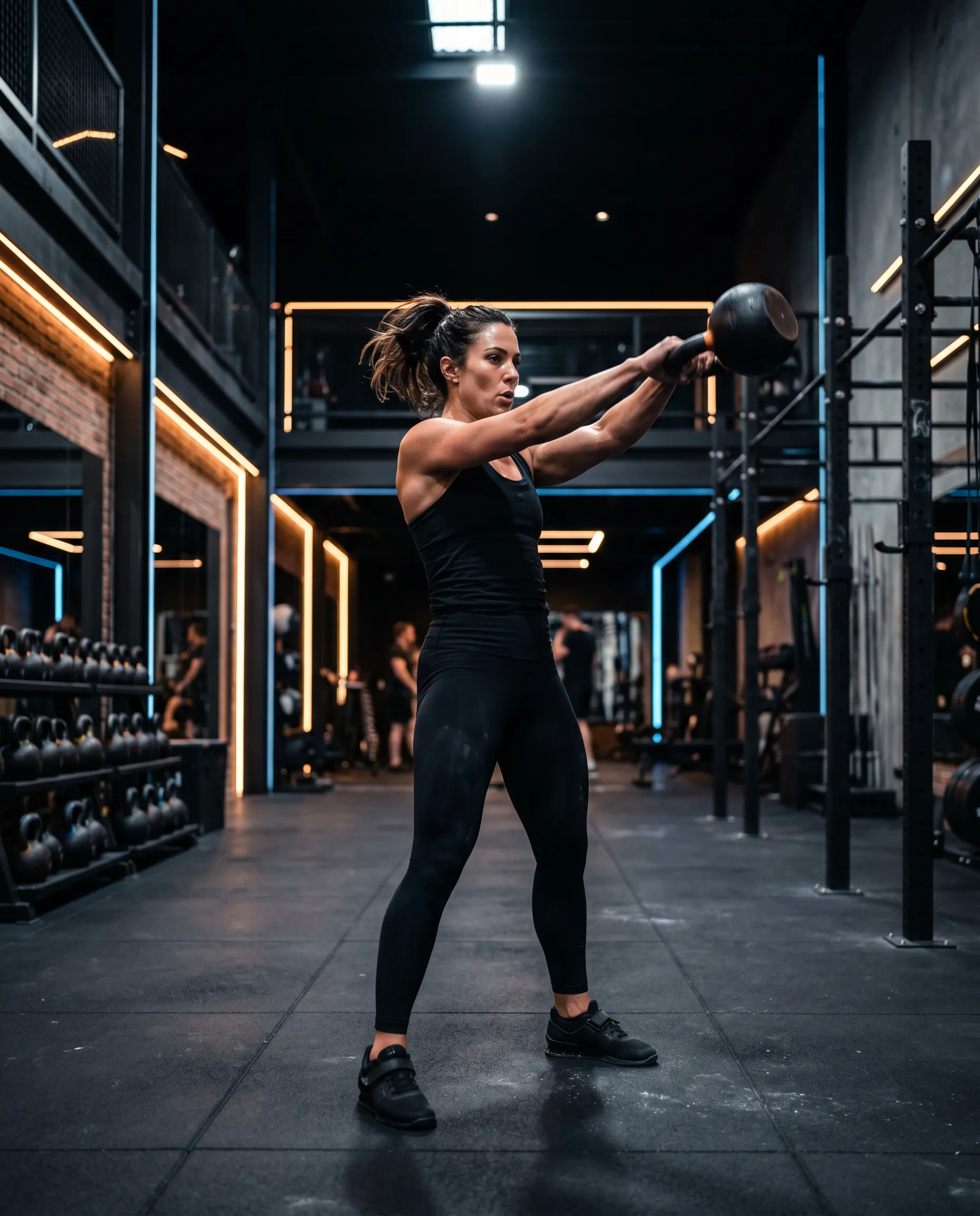 Woman doing kettlebell swing in a gym.