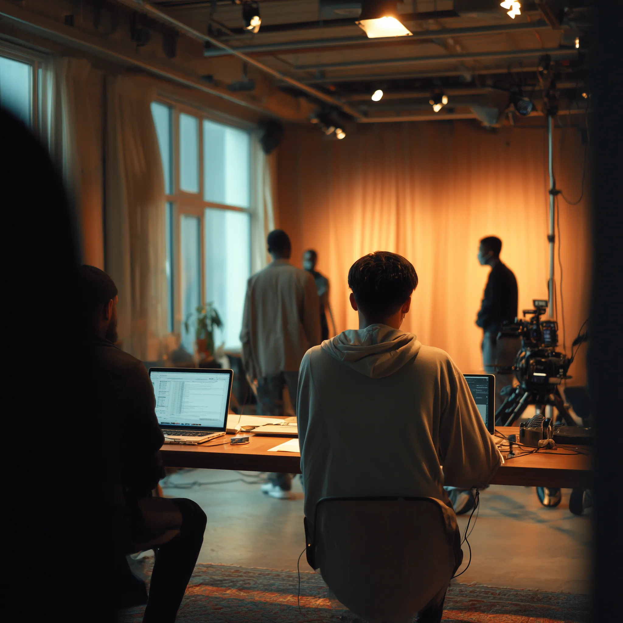 creative studio team working on video production setup