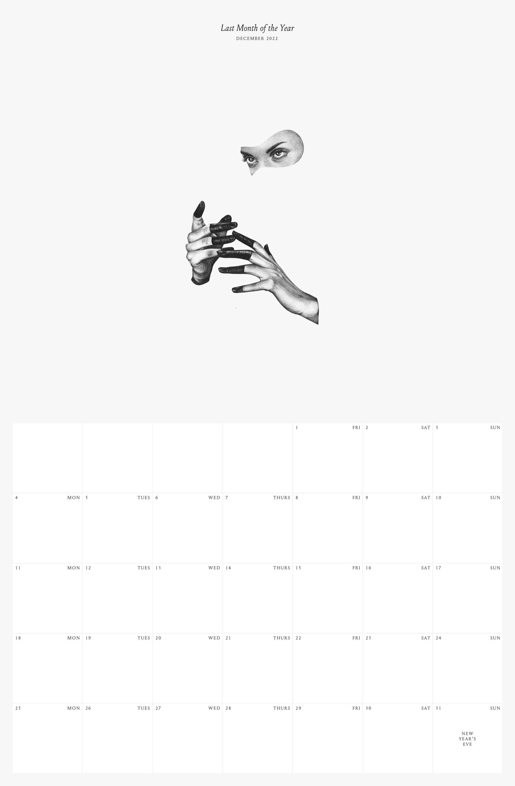 December 2023 month illustration in black and white with only a patch of the face with the eyes visible of a person and a pair of hands on a grey background