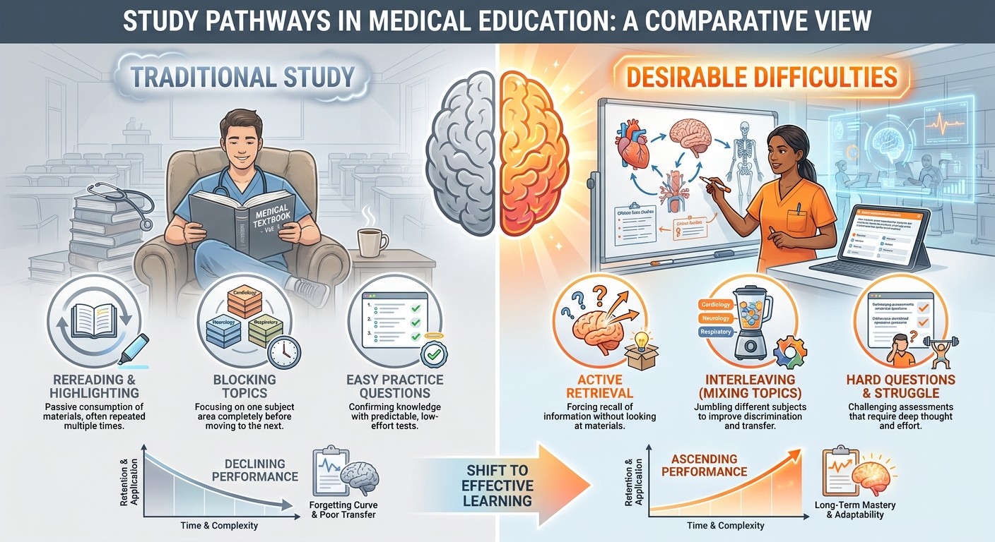 Traditional study methods vs desirable difficulties comparison infographic