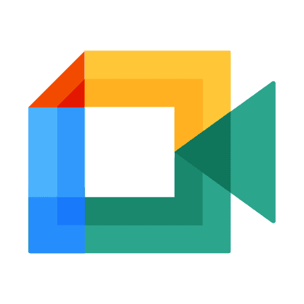 This image displays the colorful logo of Google Meet, featuring interlocking geometric shapes with vibrant shades of red, yellow, blue, and green, symbolizing video conferencing and digital communication.