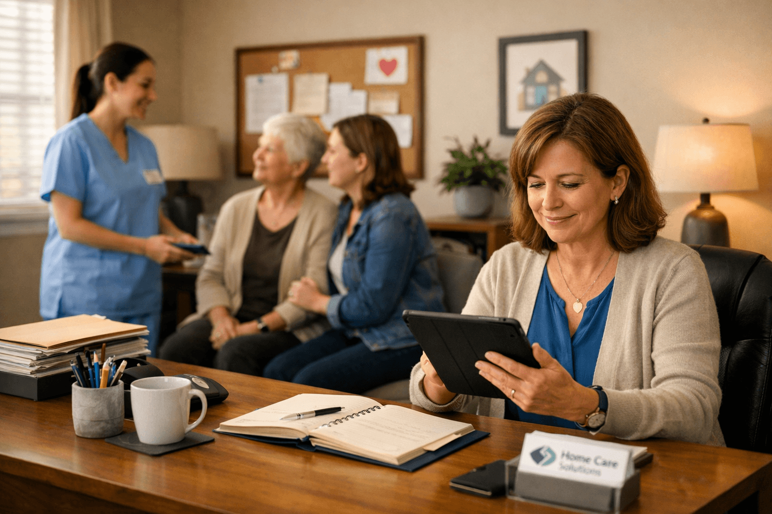 A small home care agency office with a single owner operator reviewing client notes on a tablet while a caregiver speaks with an older adult and family member in the background, warm natural lighting, modern but modest workspace, calm and professional atmosphere. Shot on Fujifilm X-T4, aspect ratio 3:2