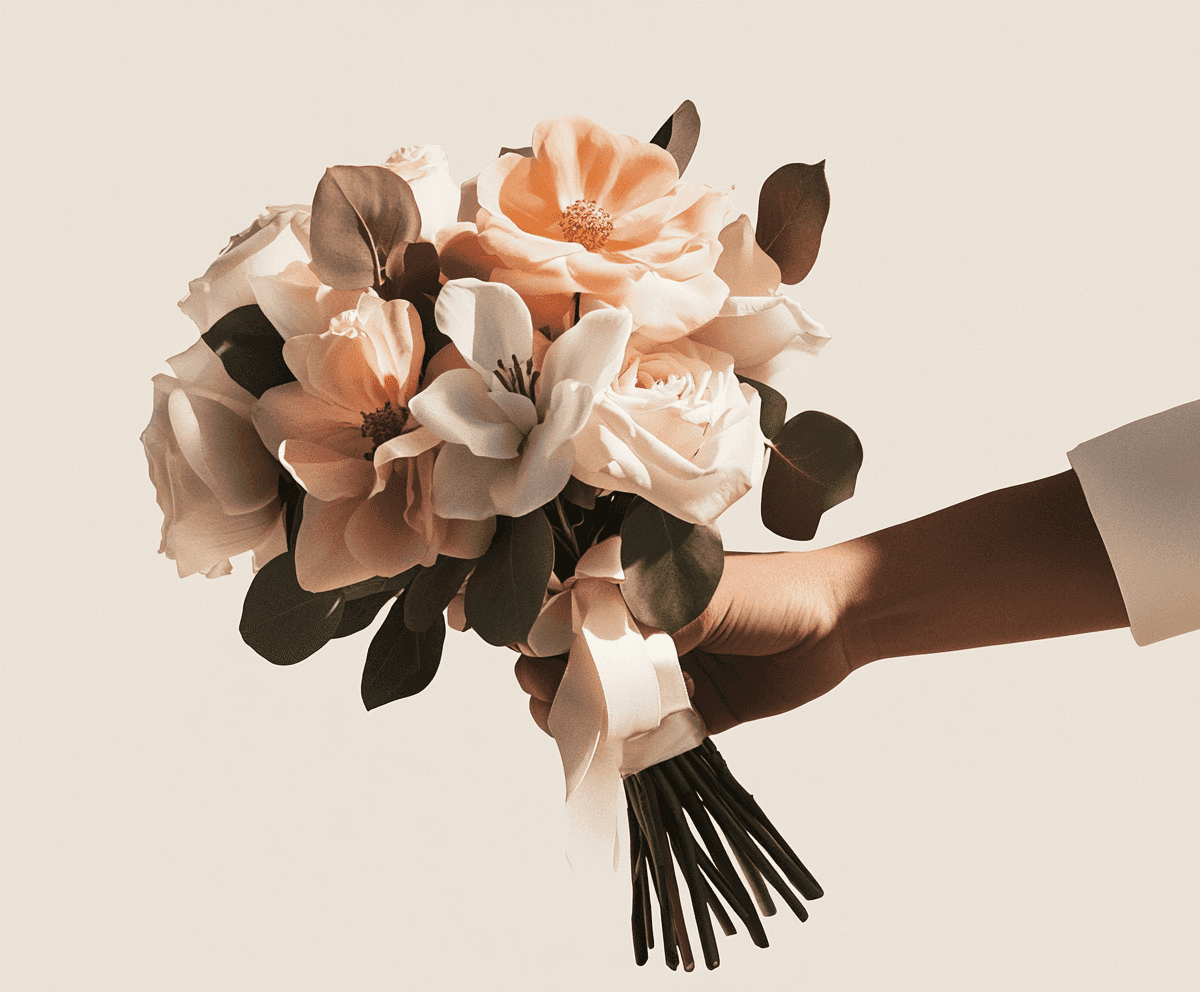 A hand holding a large, elegant bouquet of peach and cream roses.