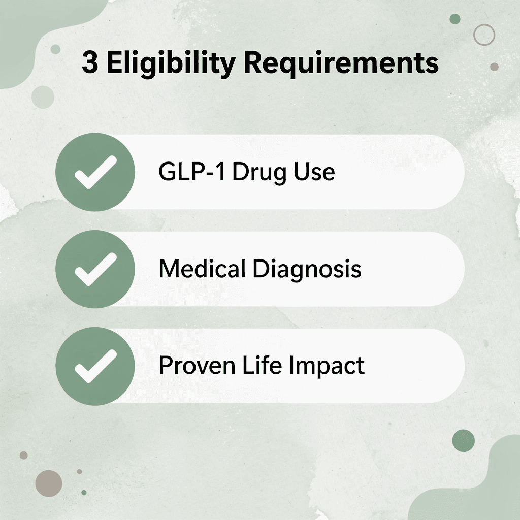 Checklist showing the three eligibility requirements for an Ozempic lawsuit