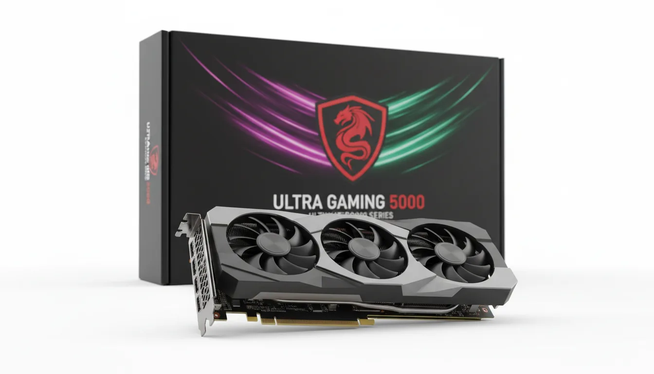 Commercial product photography of a modern, high-end triple-fan gaming GPU with its retail box, set against a pristine white studio background. The graphics card, featuring a dark gray and black angular shroud and a silver mounting bracket, is in the foreground at an angle. In the background, the black retail box displays a vibrant purple and green light streak design, a red shield logo with a stylized dragon, and large, clean placeholder typography. Soft studio lighting, sharp focus, hyper-detailed, professional hardware shot.