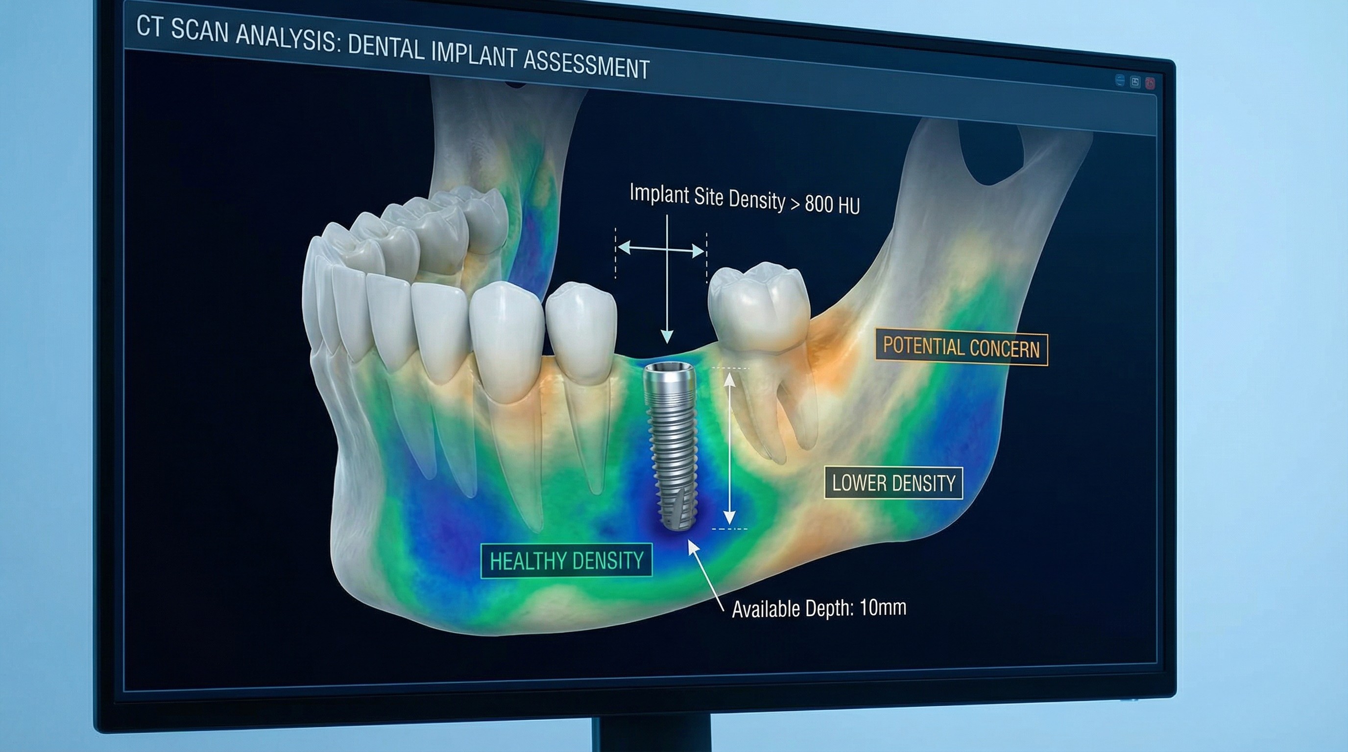 3D CT scan showing jawbone assessment for dental implant candidacy with bone density visualization