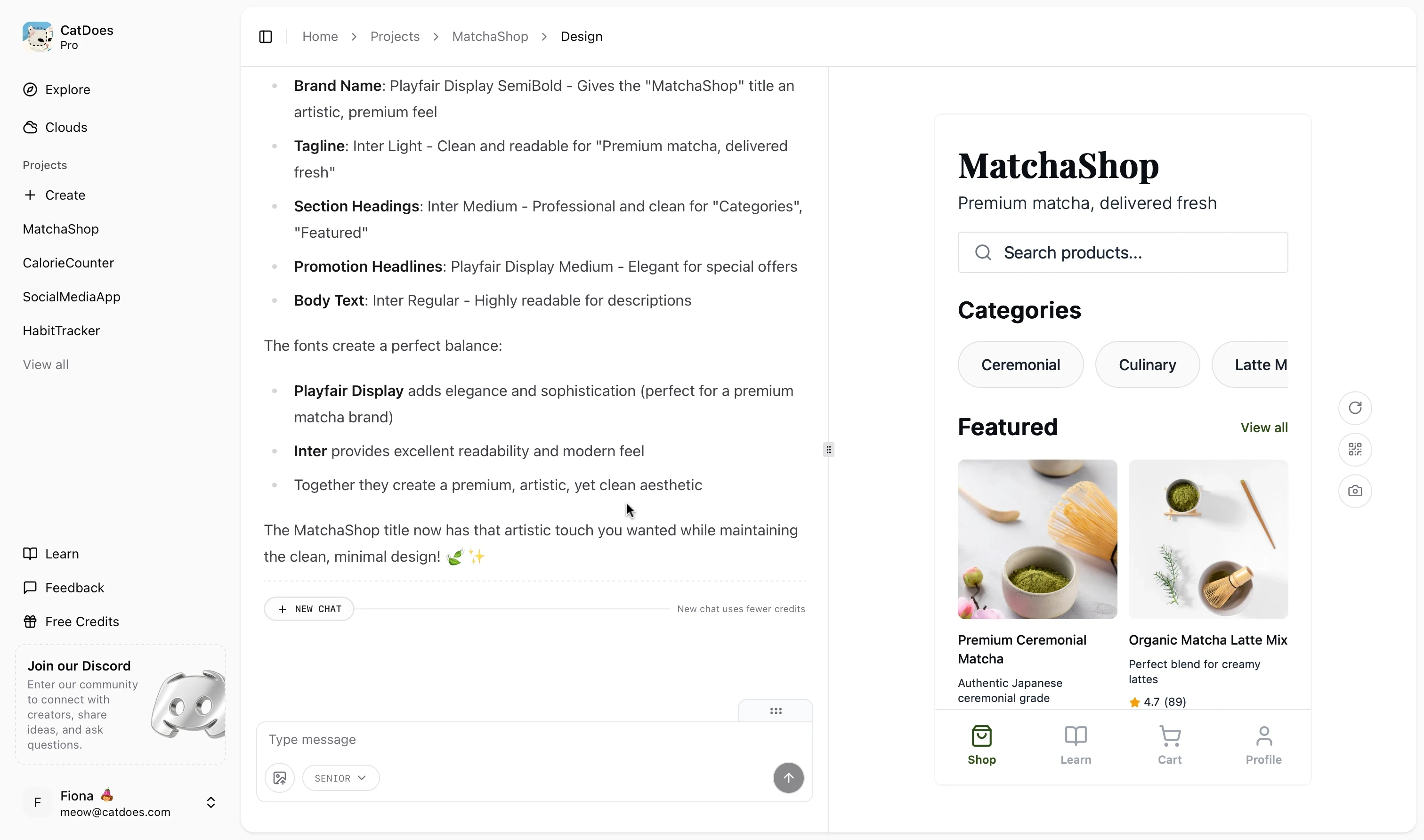 Dashboard view of the MatchaShop design project showing typography guidelines on the left and a mobile app mockup on the right, featuring the MatchaShop home screen with search bar, categories, and featured matcha products.
