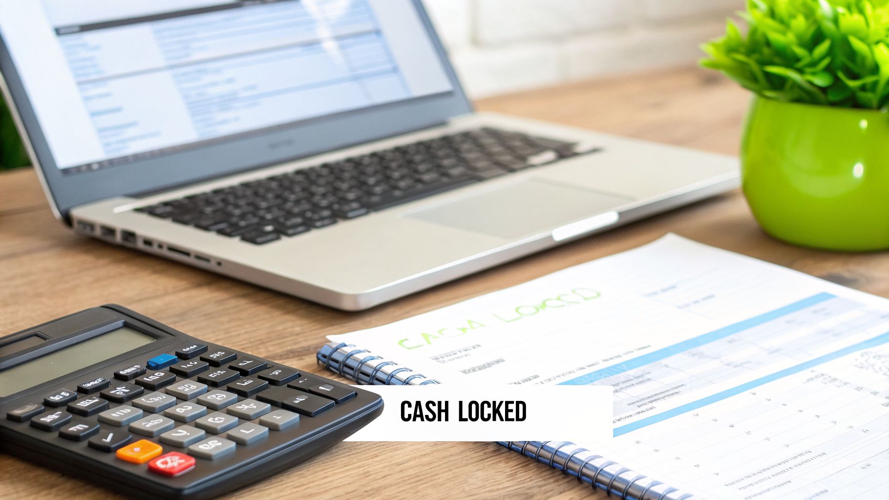 A desk with a laptop, calculator, document showing 'CASH LOCKED', and a green plant, indicating financial work.