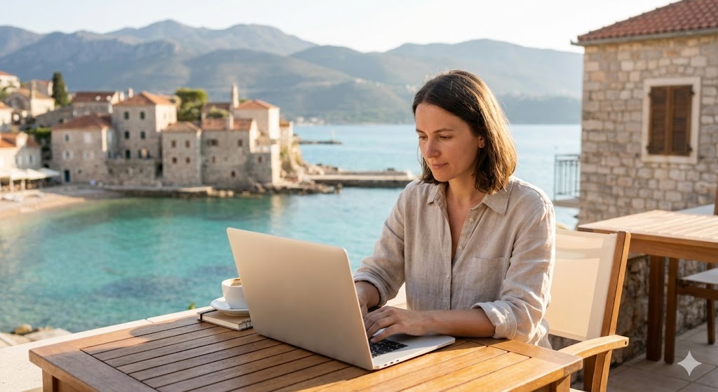 Remote worker using a laptop in a scenic location — beach, mountain café, or city balcony — modern digital nomad vibe, natural light, aspirational but realistic, clean composition