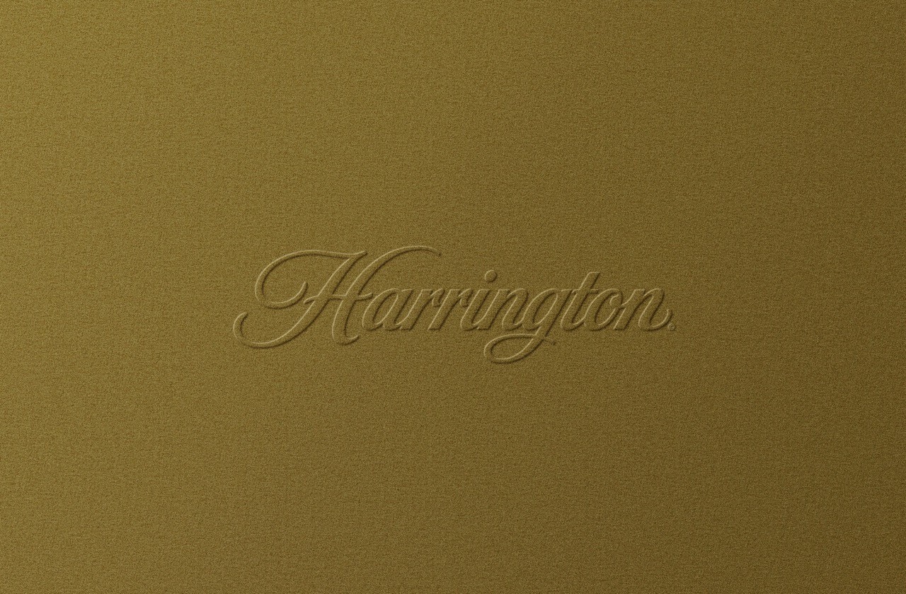 An embossed Harrington logo on olive green cardstock.