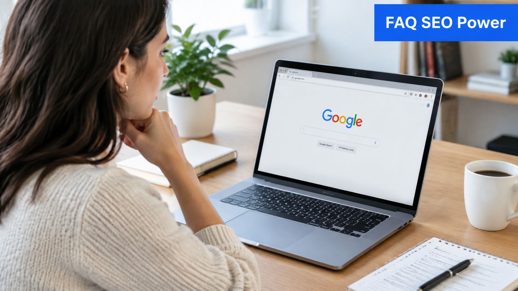A young woman sitting at a wooden desk while browsing the Google search engine on her laptop.
