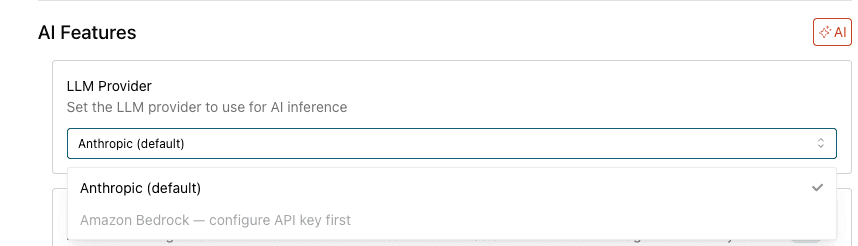 Opal admin settings showing the LLM provider dropdown with Anthropic and Amazon Bedrock options.