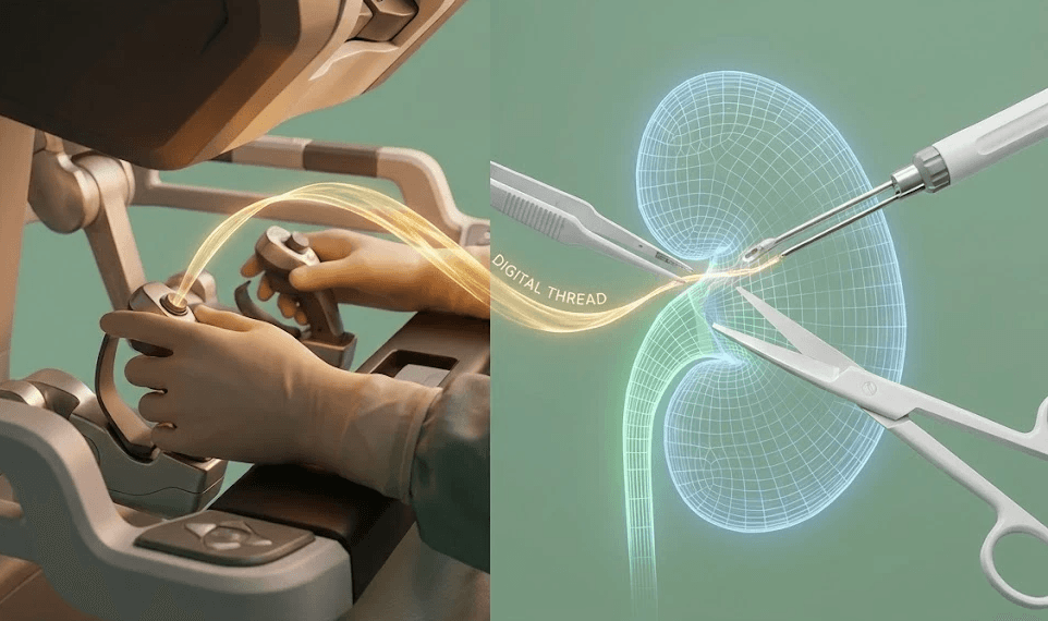 Surgeon using a robotic console to precisely operate on a kidney.