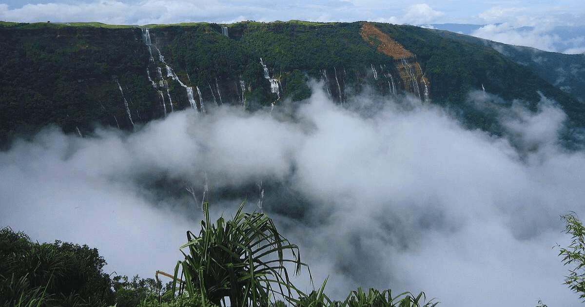 This image depicts the scenic landscape of Cherrapunji in Meghalaya