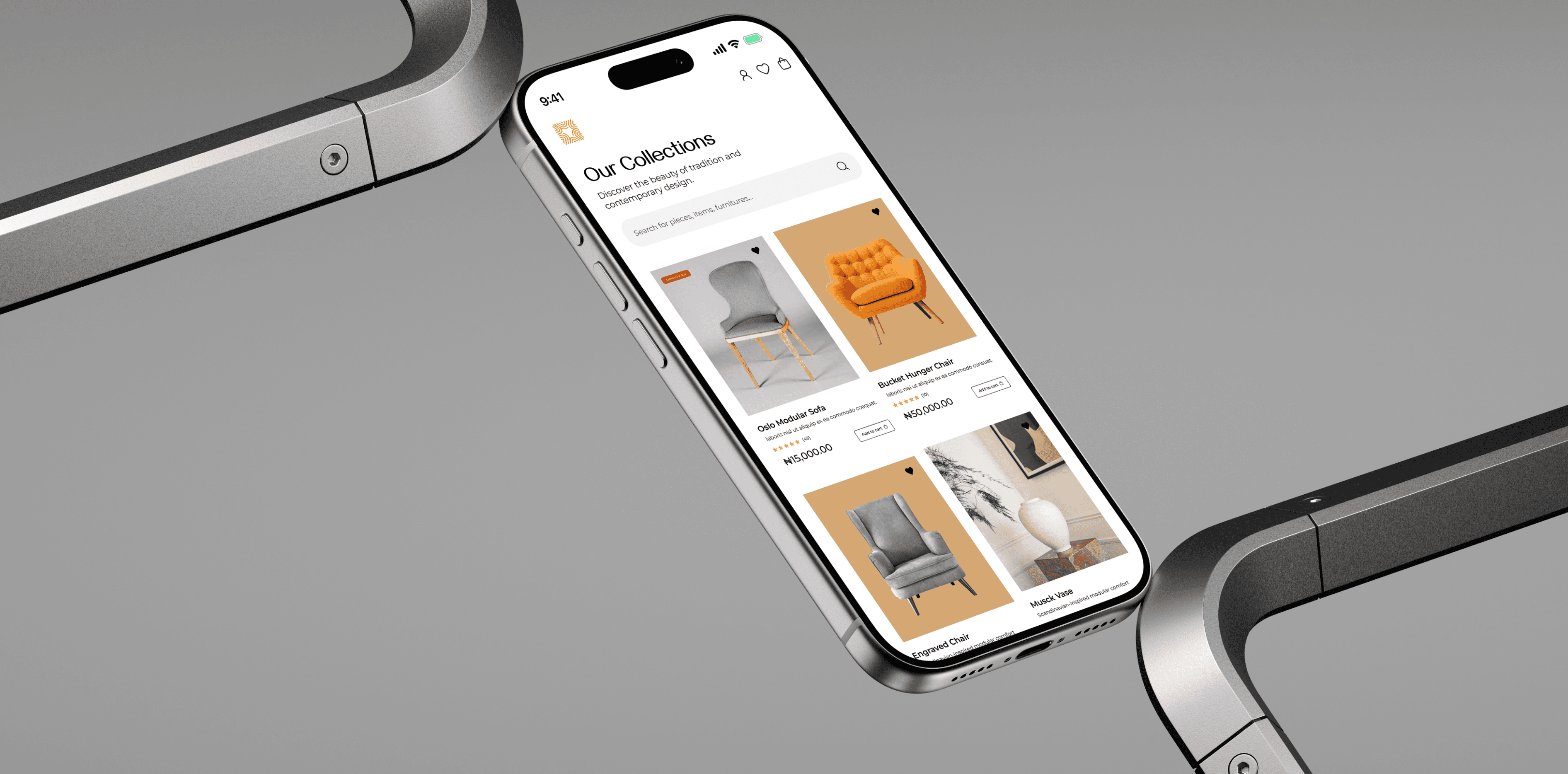 A mobile display of Afrofurnish freshly redesigned website showcasing the 'All produsts' page showing fresh pieces available.