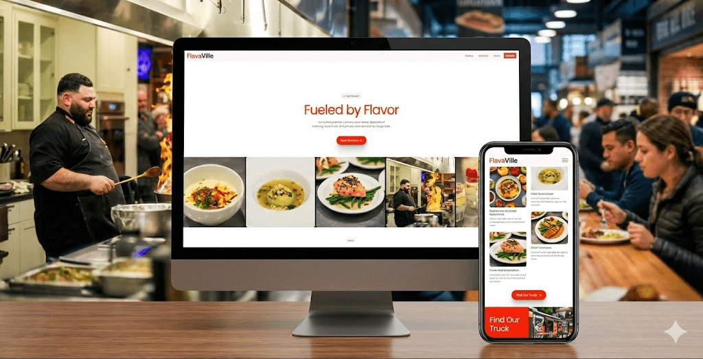 High-impact homepage for FlavaVille catering and food truck services, featuring a 'Fueled by Flavor' headline, custom Framer design, and a vibrant gourmet food photography gallery
