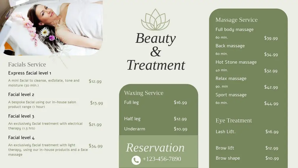 Spa digital signage menu displaying massage prices, wellness services, and relaxation imagery.