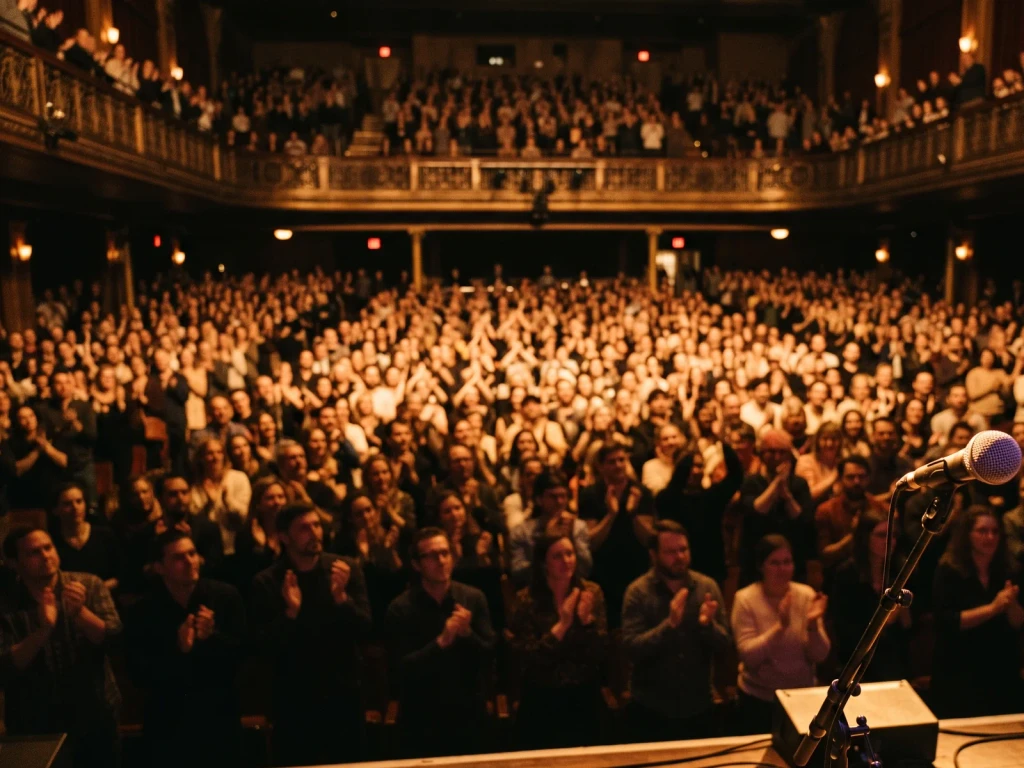 A full theatre seen from the stage past a microphone stand