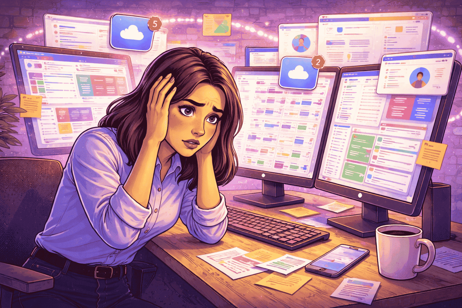 Employee stressed with multiple tabs and applications open on screens, struggling to stay productive due to constant switching and information overload