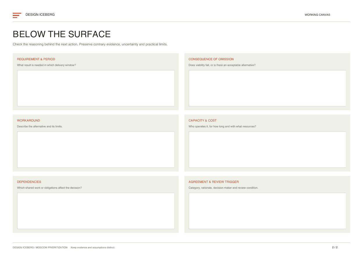 MoSCoW Prioritization editable worksheet, page two: evidence, interpretation and next action.