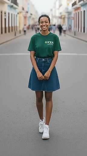 Portrait d'une étudiante de l'ICEA Martinique portant le t-shirt officiel de l'école dans une rue de Fort-de-France, illustrant l'engagement et la fierté d'appartenance à cette école supérieure.