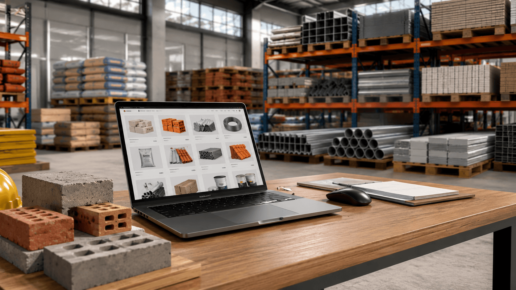 Renderização 3D realista de um centro de distribuição de materiais de construção. Em primeiro plano, uma mesa de trabalho com notebook exibindo um catálogo digital de produtos para construção. Ao redor, blocos de concreto, tijolos, tubos metálicos e outros materiais. Ao fundo, grandes estantes industriais organizadas com pallets de cimento, perfis metálicos, chapas e itens de construção. Ambiente amplo, moderno, iluminado por luz natural, transmitindo a integração entre comércio eletrônico B2B e logística de materiais de construção. Sem pessoas e sem textos visíveis.