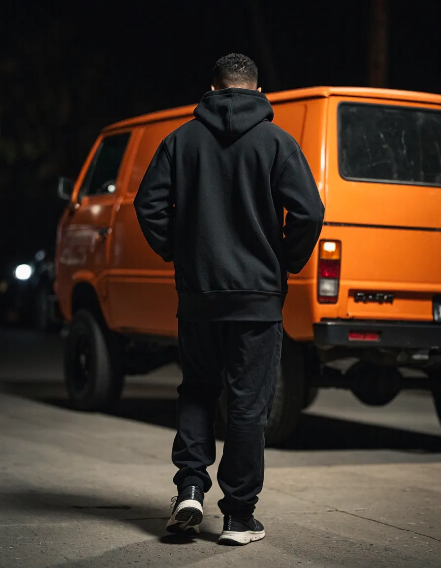 Person in black hoodie and pants walking toward bright orange vintage van at night, creating dramatic contrast in the darkness