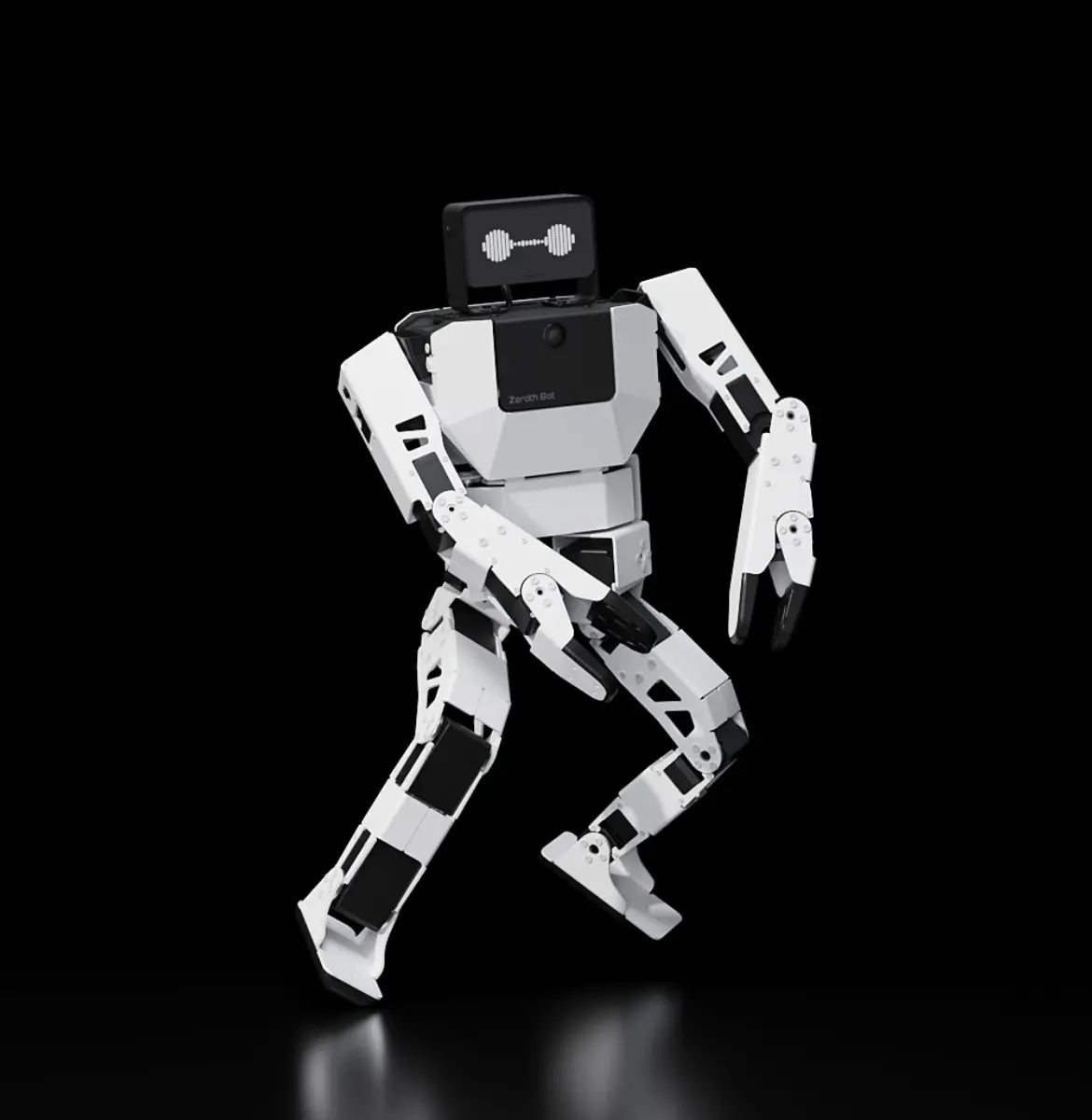 A sleek, white humanoid robot with articulated limbs is showcased against a black background, displaying a dark screen face with a pixel heart symbol, emphasizing modern robotics and artificial intelligence technology.