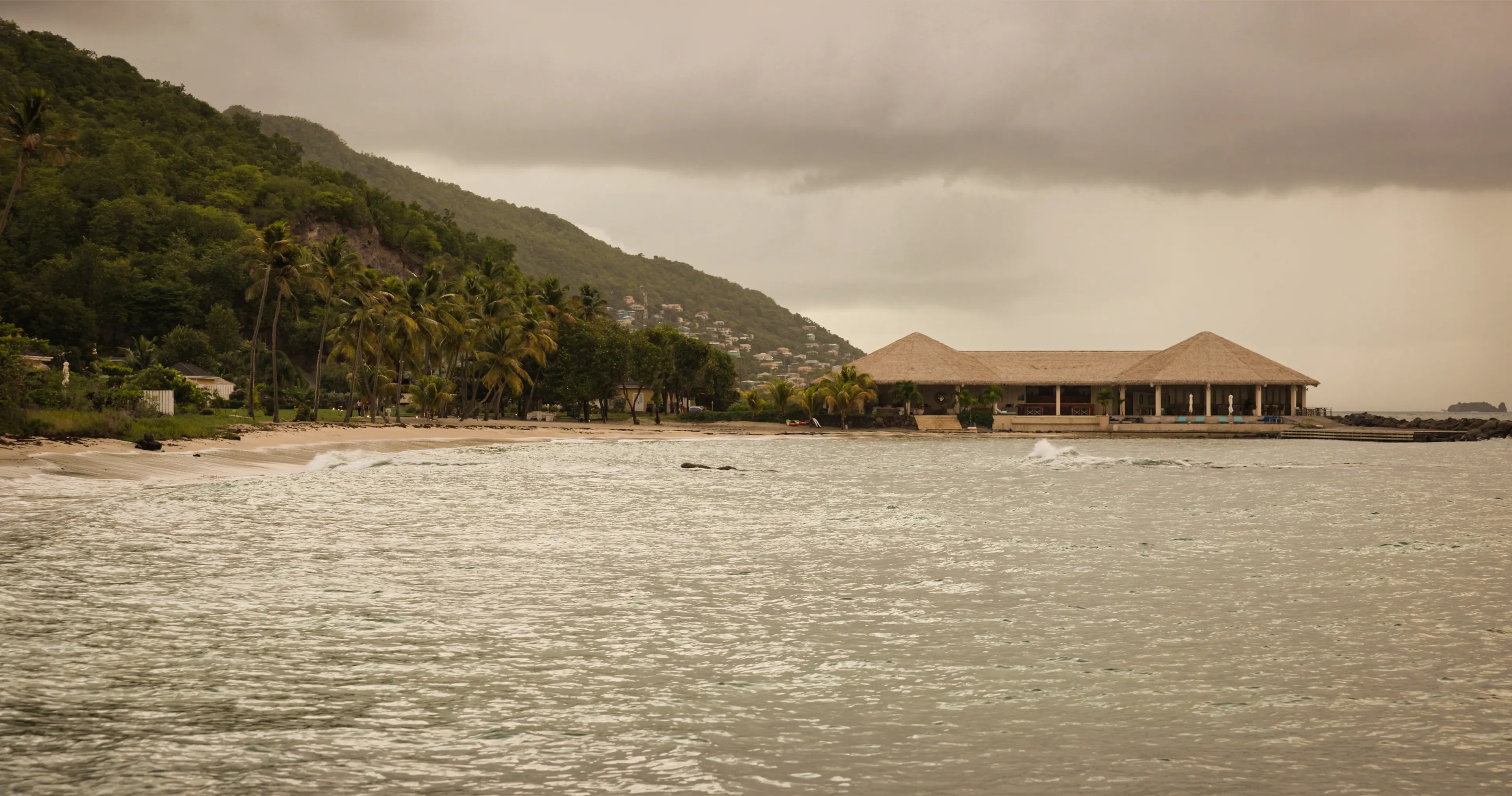 Aerial view of a lush coastal retreat with villas, palm trees, and turquoise ocean shoreline