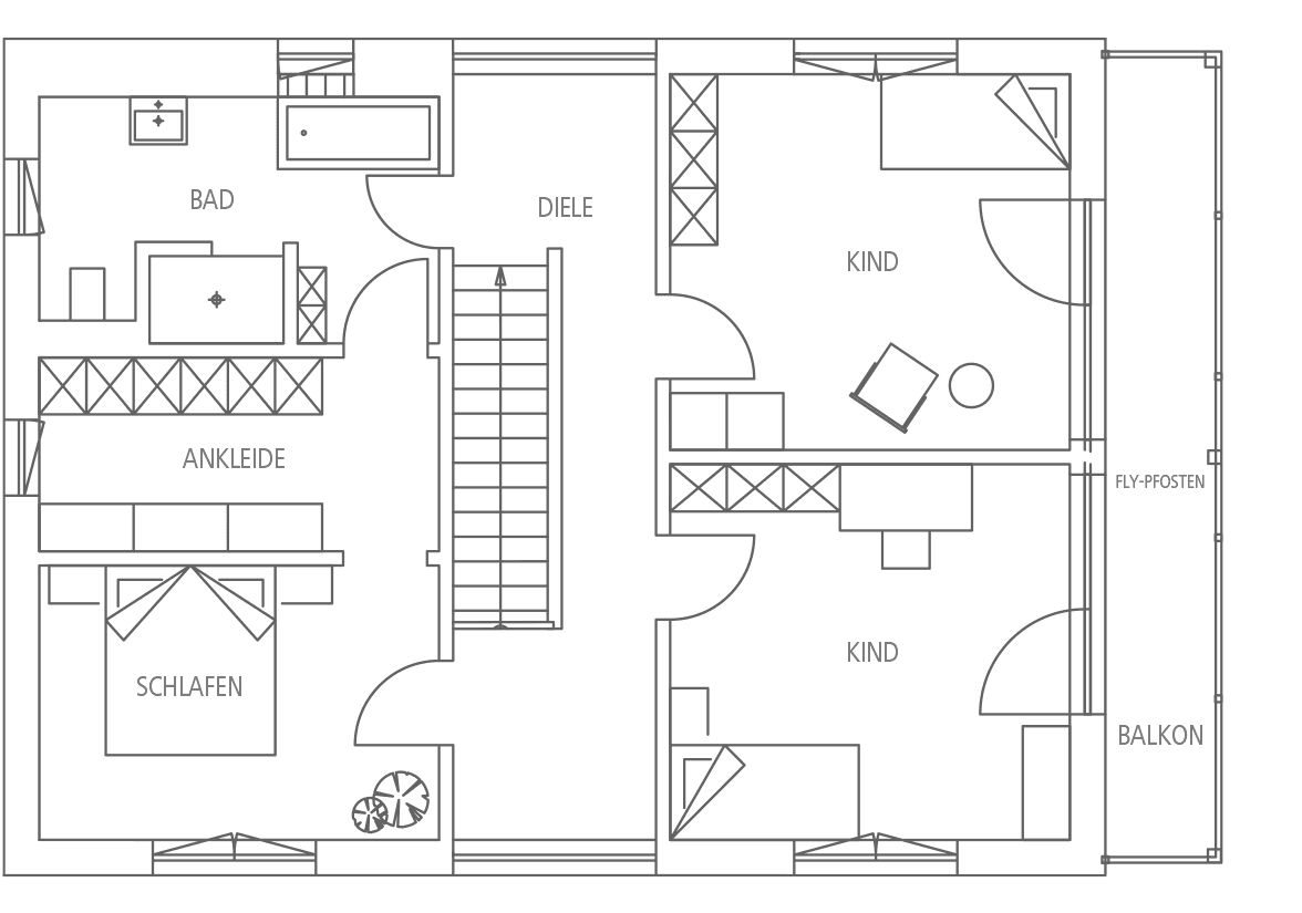 Grundriss eines modernen Wohnhauses mit Schlafzimmer, Ankleide, Bad, Diele, zwei Kinderzimmern und Balkon.