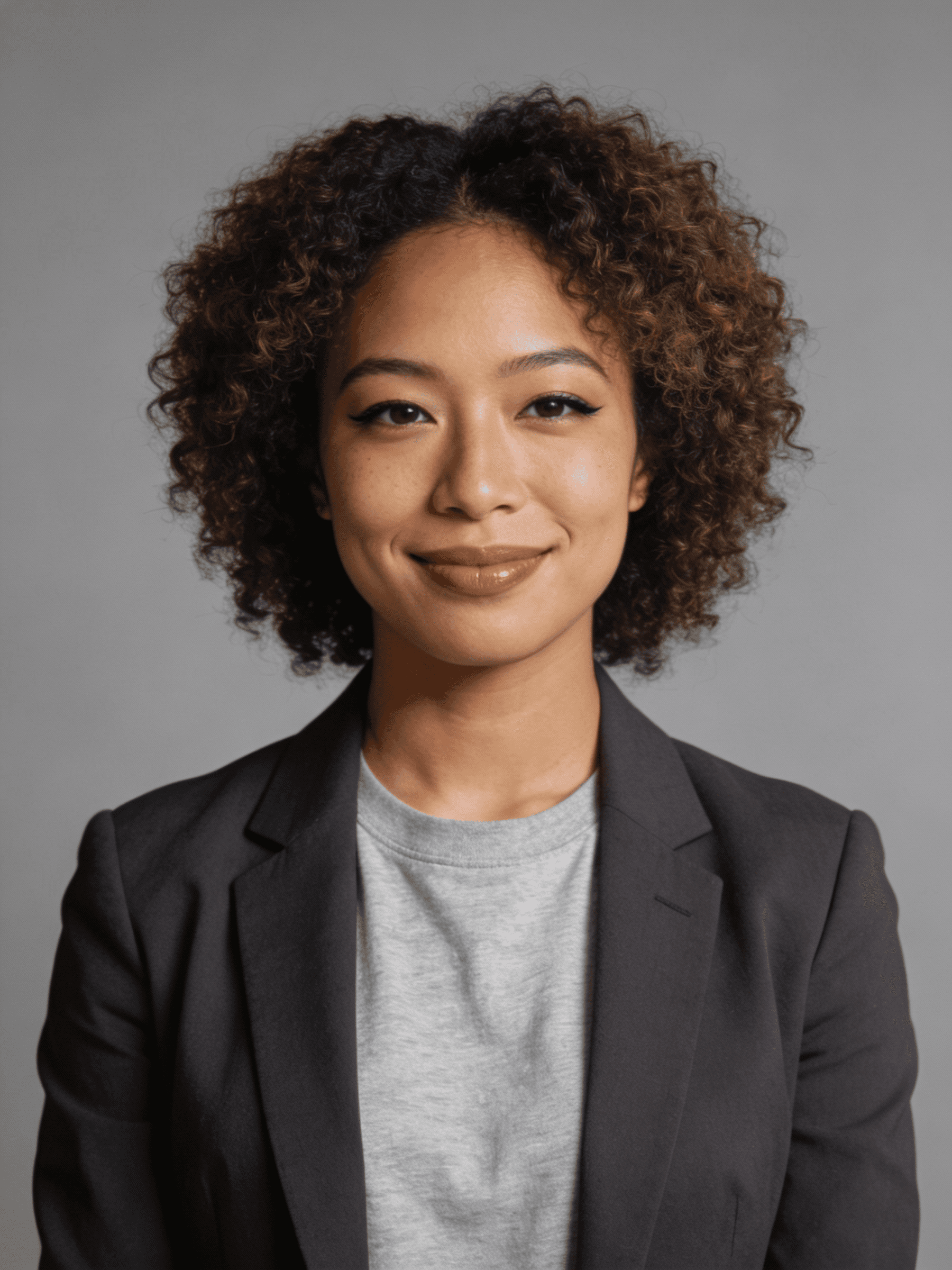 A person with curly hair in a blazer and shirt, smiling gently against a neutral background.