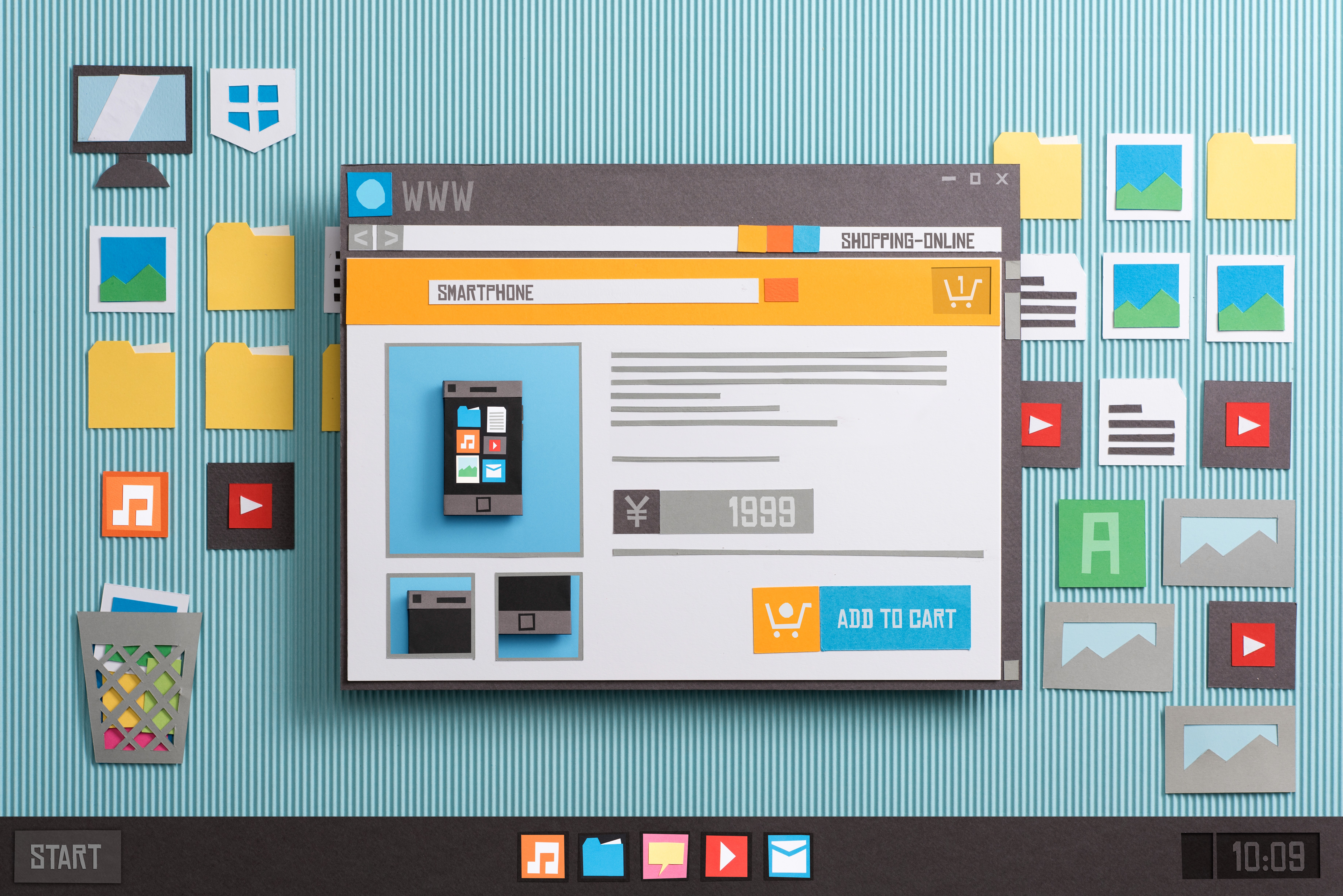 Illustration of an online shopping website interface showing a smartphone product page, surrounded by digital folder and app icons on a desktop background.