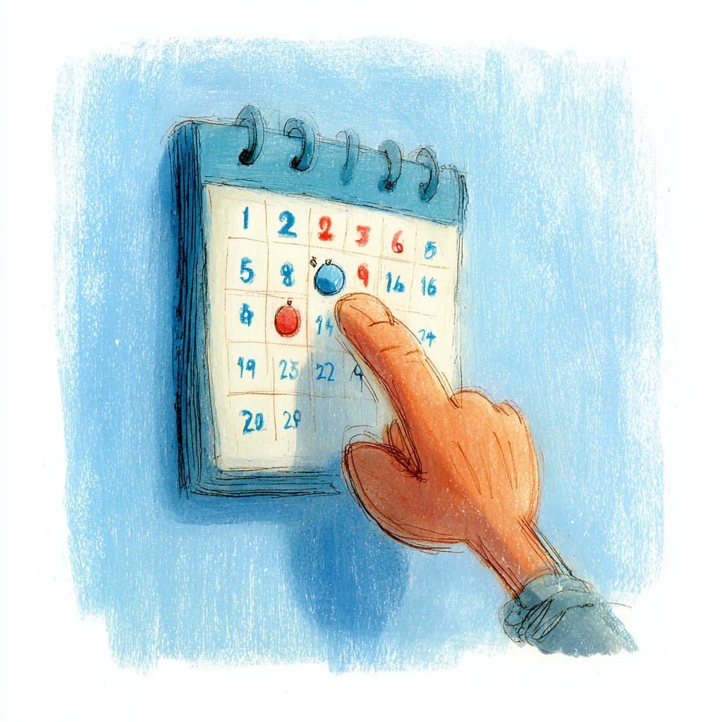 Illustration einer Hand, die entspannt einen Termin im digitalen Kalender bucht – einfach, unkompliziert, einladend.