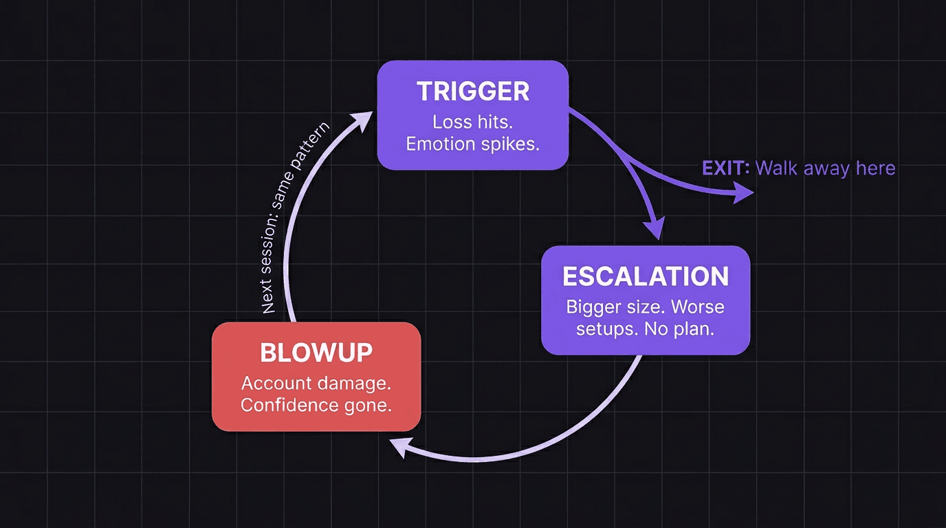 Three-stage revenge trading cycle showing trigger, escalation, and blowup
